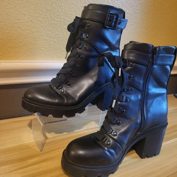 Mix No.6 Boots Valera Lace Up Combat Block Heels Black Faux Leather Women's 8M - Picture 5 of 16